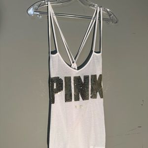 pink White tank top. very Sparkly Hold Letters